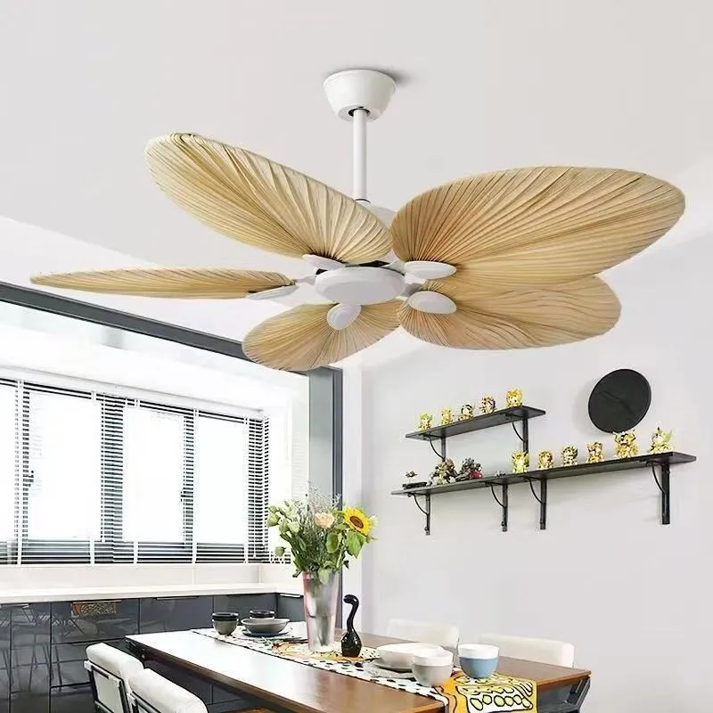 Retro solid wood ceiling fan light with lamp silent frequency conversion living room restaurant homestay decoration