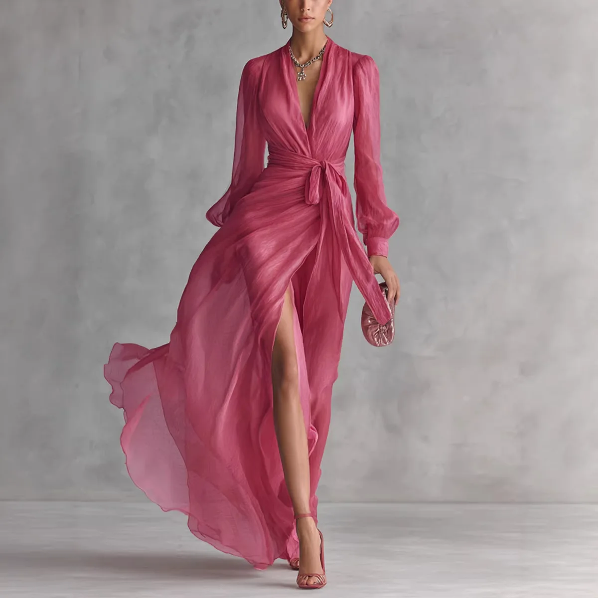 

Elegant chiffon blush V-neck long-sleeved floor-length evening gown with a sexy side slit, suitable for formal ball occasions