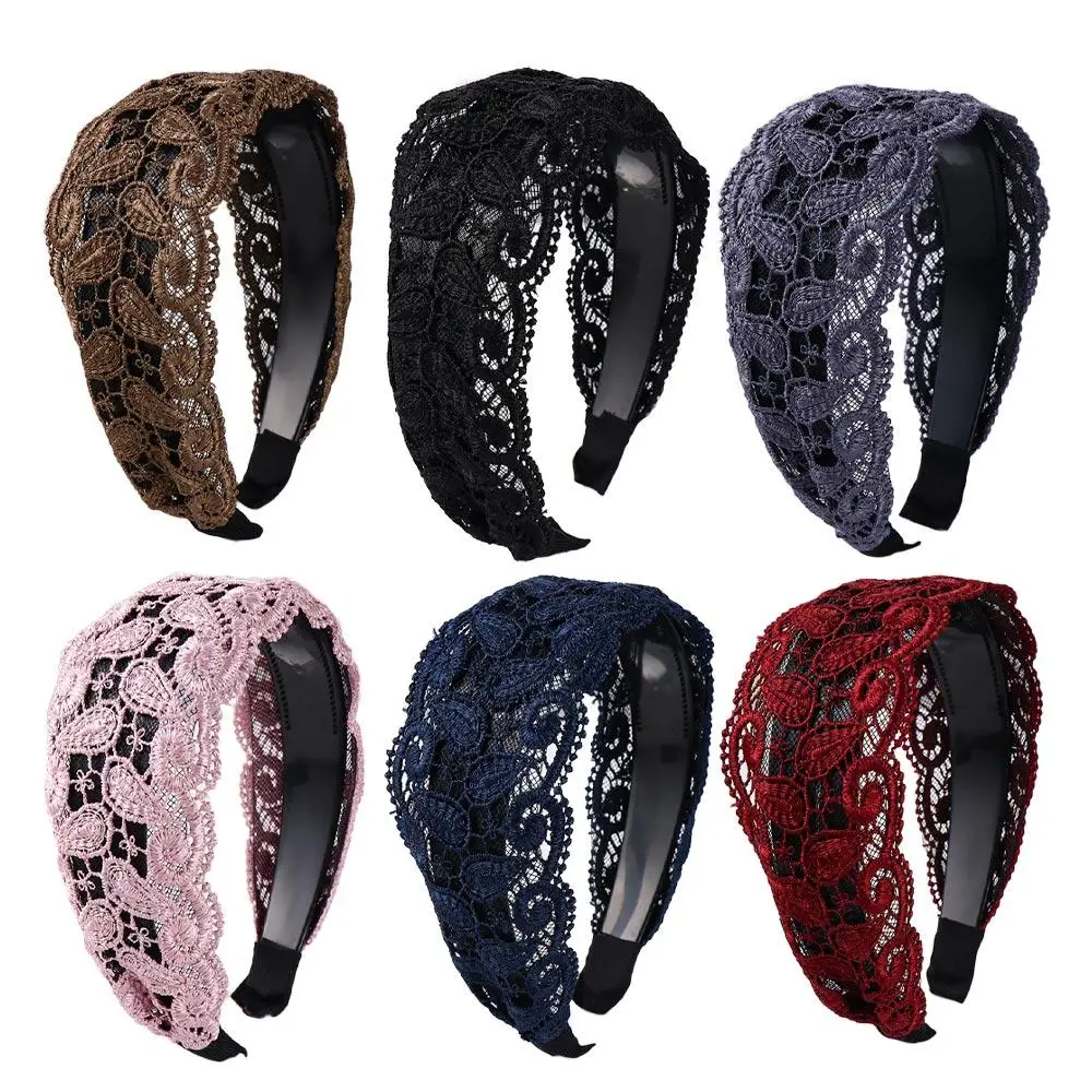 

Headwear Elegant Wash Face Hollow Flower Wide Side Headband Lace Hairbands Korean Head Wrap Women Hair Hoop