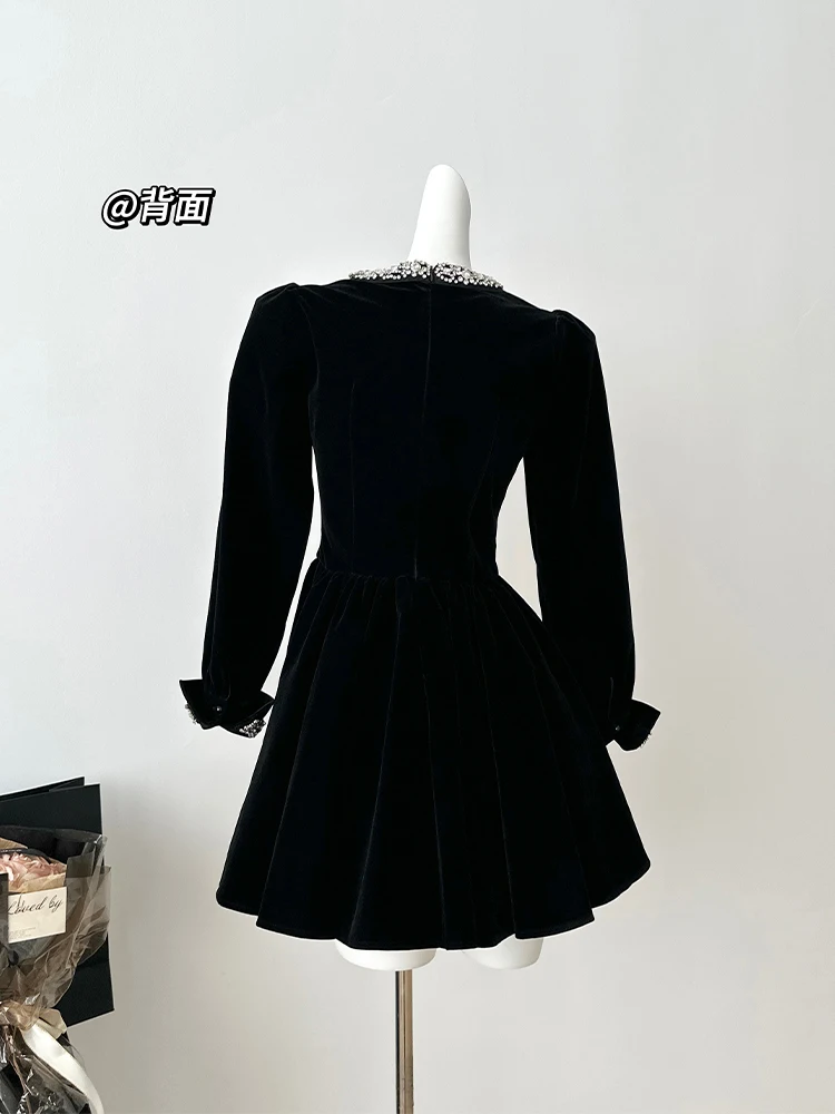 Women's Black Gothic A-line Velvet Dress Vintage Long Sleeve Luxury Mini Dresses Y2k Party Club One Piece Frocks 2000s Clothes