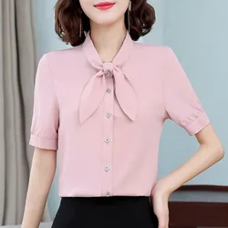 Summer Women's Chiffon Solid Color Pullover Button Short Sleeve Scarf Collar T-shirt Elegant Clothing Office Lady Casual Tops