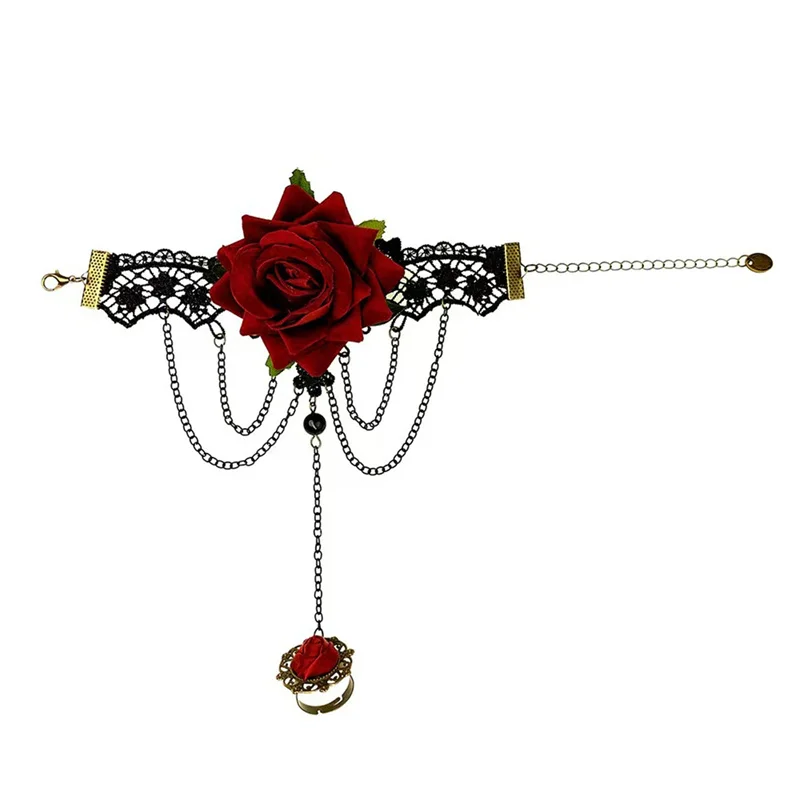 Black Lace Red Rose Finger Bracelet With Ring Harness Slave Link With Ring Bracelet Accessories Party For Women