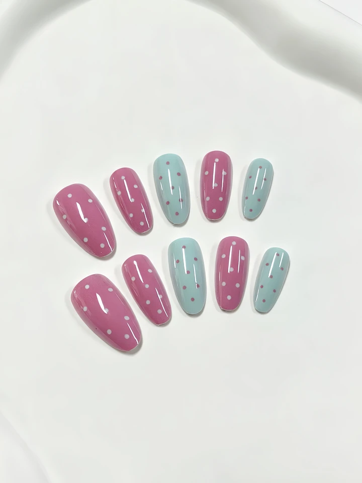Set de 10 piezas de uñas postizas en forma de almendra, puntas con lunares en bloques de color rosa y azul, estilo Y2K, dulces y picantes, veraniegas y frescas, largas 3