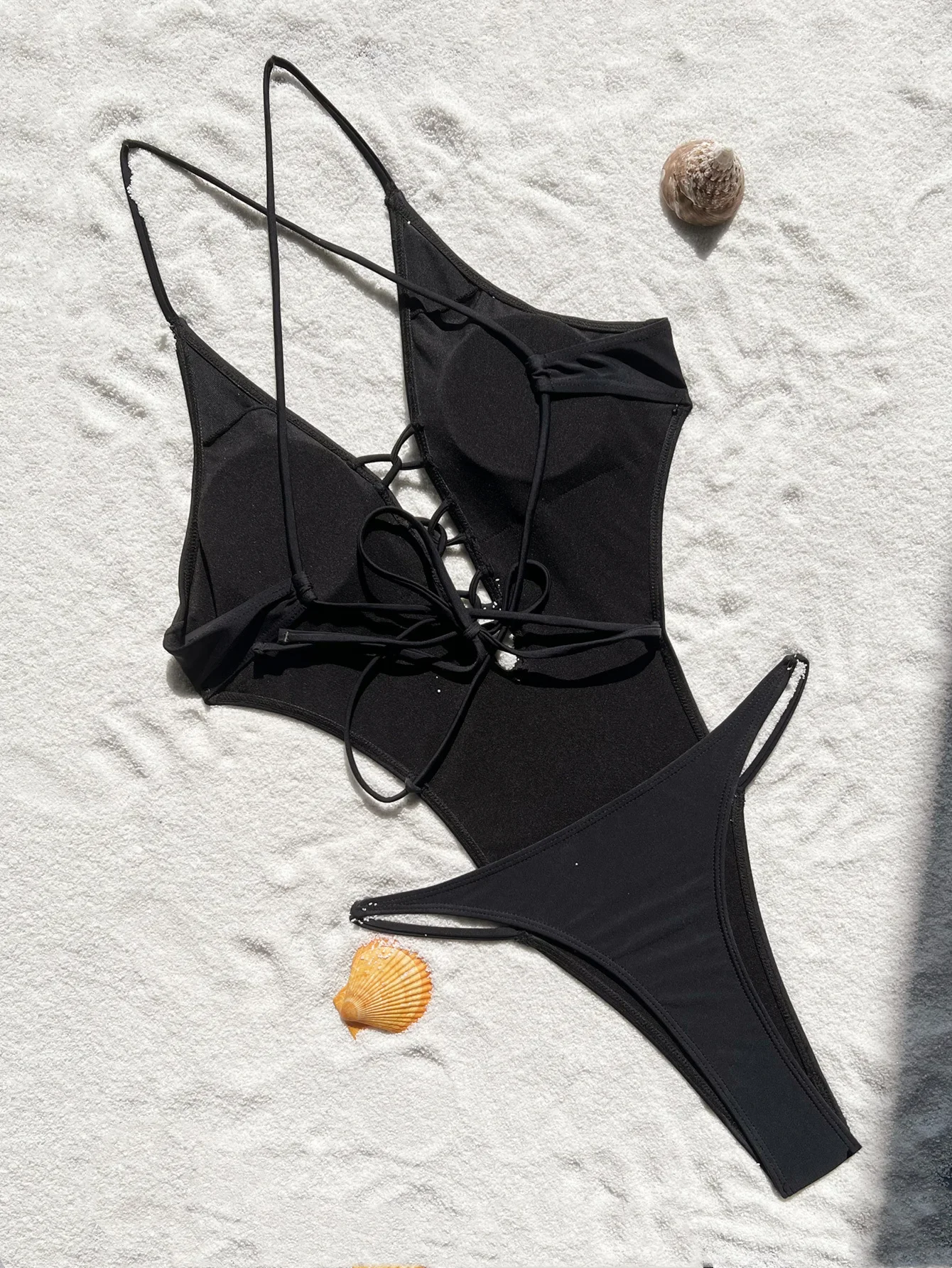 Trajes de baño sexys con escote en V profundo y cruz frontal negra, bikini de una pieza con vendaje en la espalda, traje de baño con Tanga para mujer, trajes de baño, bikini tankini