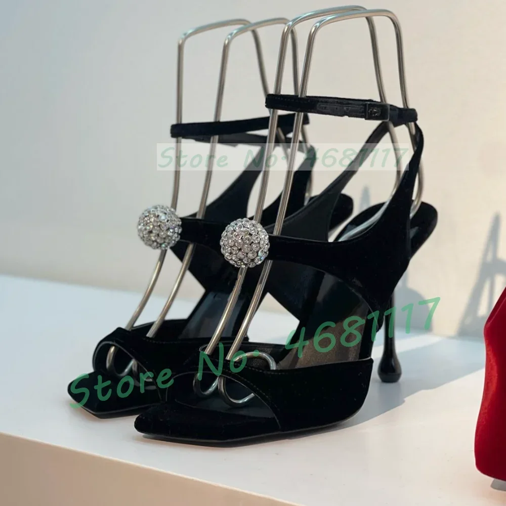 Red Velvet Square Toe Sandals With Sparkling Crystal Women Party Elegant High Heels Cross Strap Luxury Evening Dress Sandals