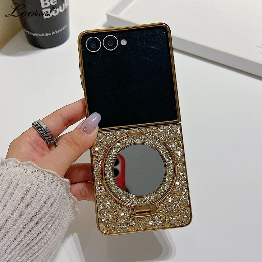 

Glitter for Magsafe Mirror Bracket Case for Samsung Galaxy Z Flip 7 6 5 4 3 flip7 Magnetic Ring Holder Make Up Shockproof Cover