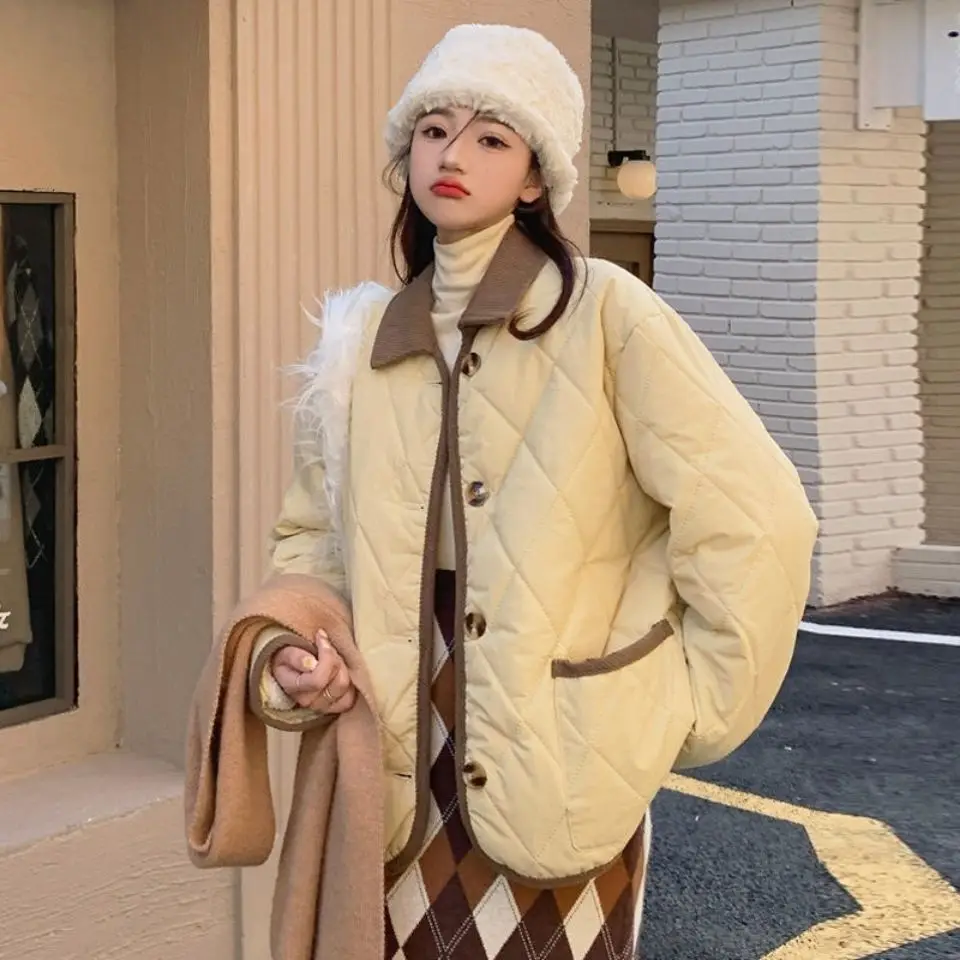 

Korea Cotton-Padded Plus Size Women'S Casual Warm Parka Autumn And Winter Simple Contrast Color Lapel Coat