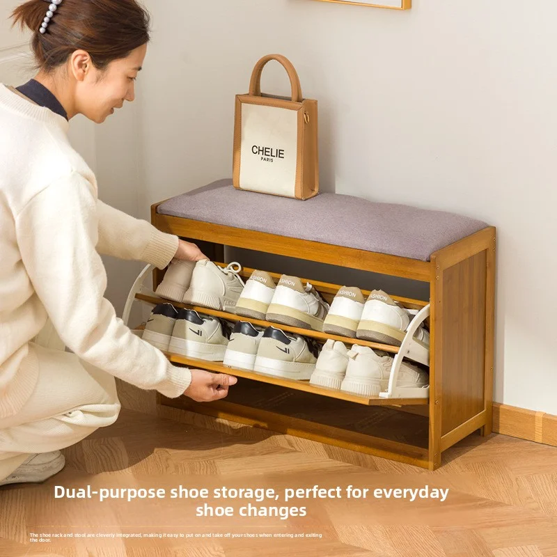 50-70cm long household shoe cabinet, flip bucket bamboo and wood shoe changing stool, long stool, retro shoe wearing stool