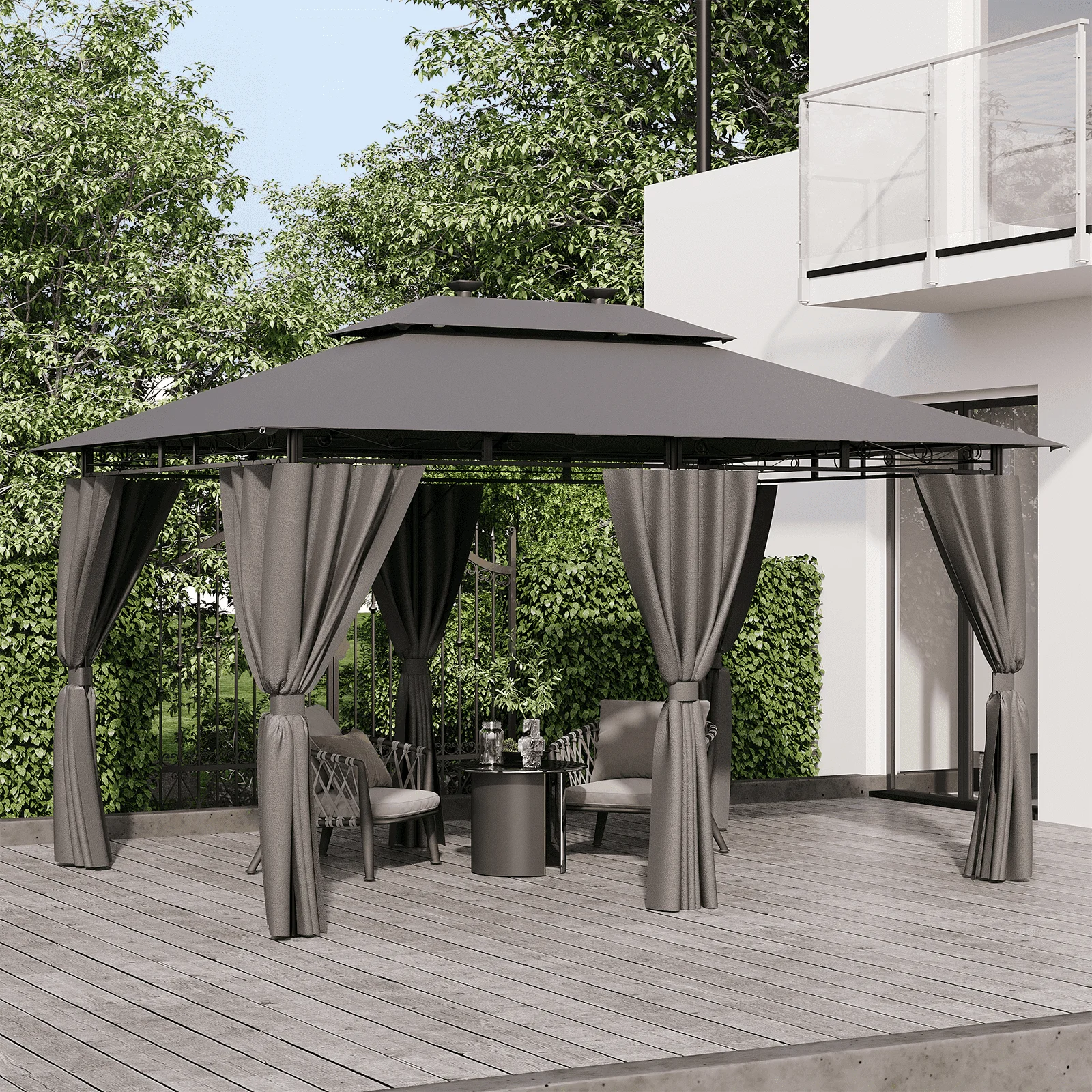 Pavillon Devoko 3x4m/3x6m avec éclairage solaire et LED, double toit imperméable UV50+ pour jardin et terrasse