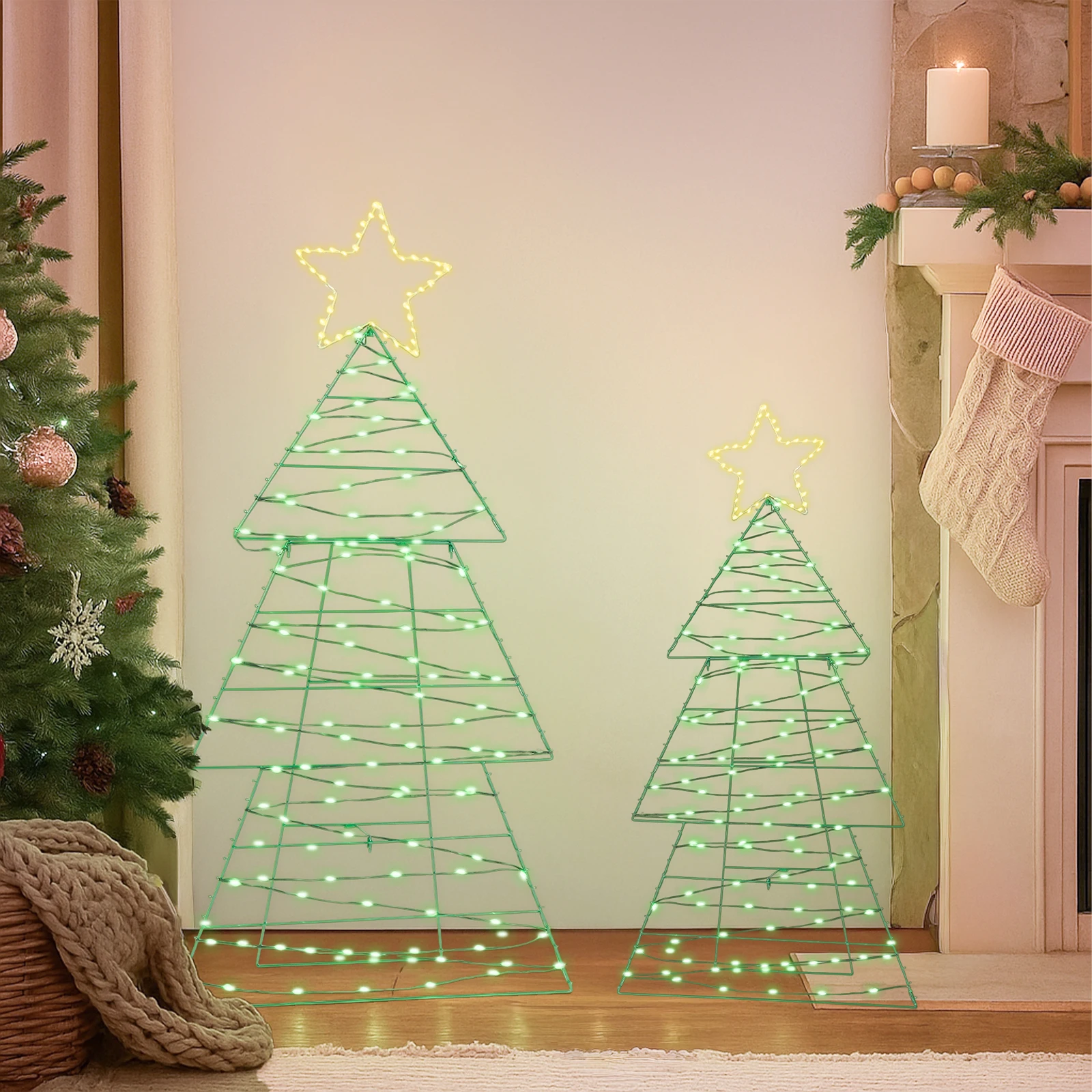 Set of 2 Lighted Metal Christmas Tree Yard Decorations, 3FT & 4FT Pre-lit 2D Xmas Tree with 150 Green & Warm White LED Lights, Battery Operated for Indoor Outdoor Holiday Decor
