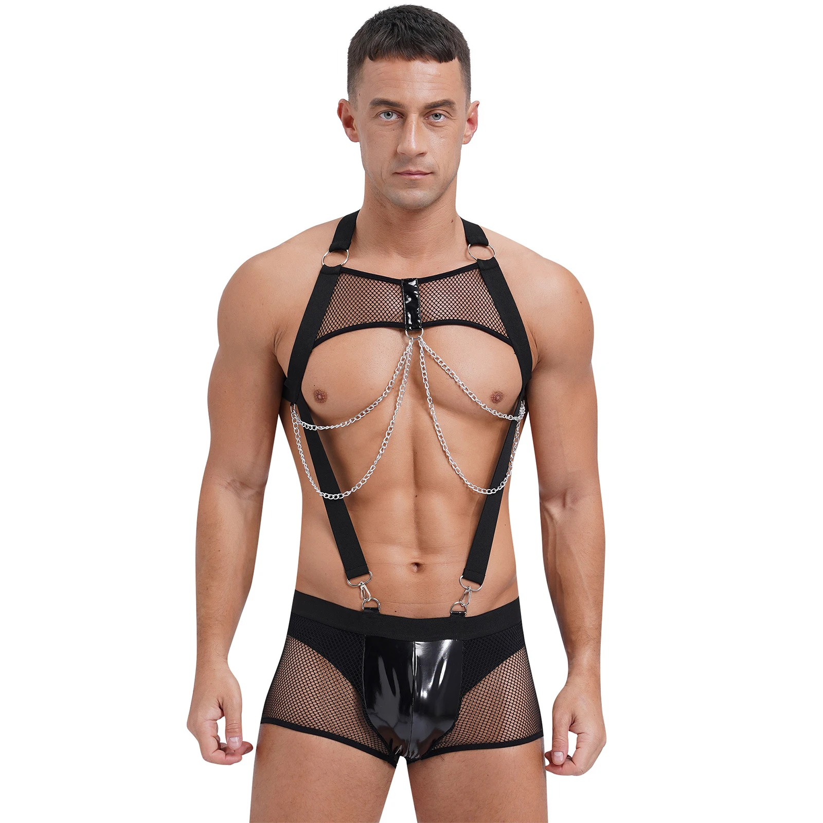 

Mens See Through Fishnet Bodysuit with Chain Chest Harness Glossy Bulge Pouch Trunks Boxer Shorts Sheer Mesh Jumpsuit Underwear