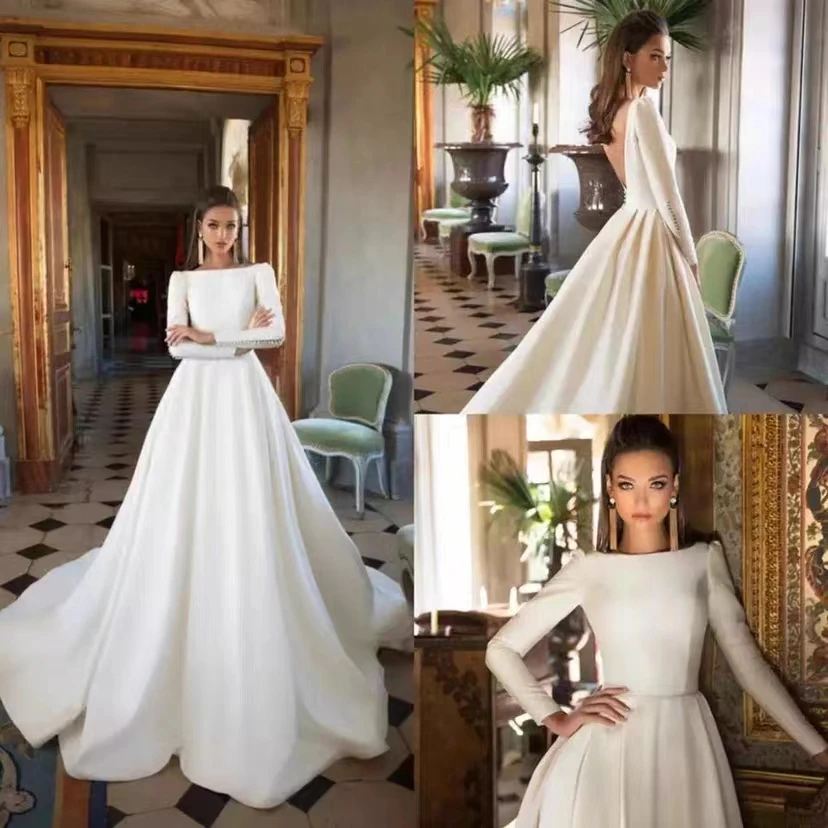 Iridescent O-Neck A-Line Wedding Dresses For Women Tulle Satin Long Sleeve Bride Grown Vestido Novias Backless Court Train