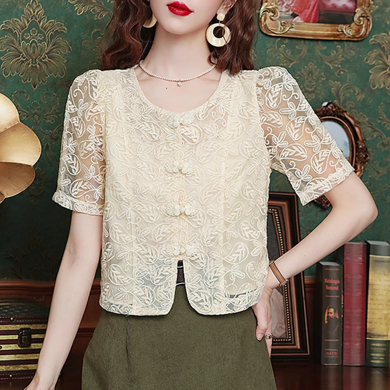 New 2024 Summer Women Blouse Short sleeved Lace Shirt Solid Color Vintage embroidery Top