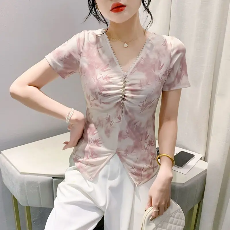 

New Summer Women's Style V-Neck Short Sleeve Slim Irregular Split Classic Pullovers Fashion Folds Temperament All-match Tops