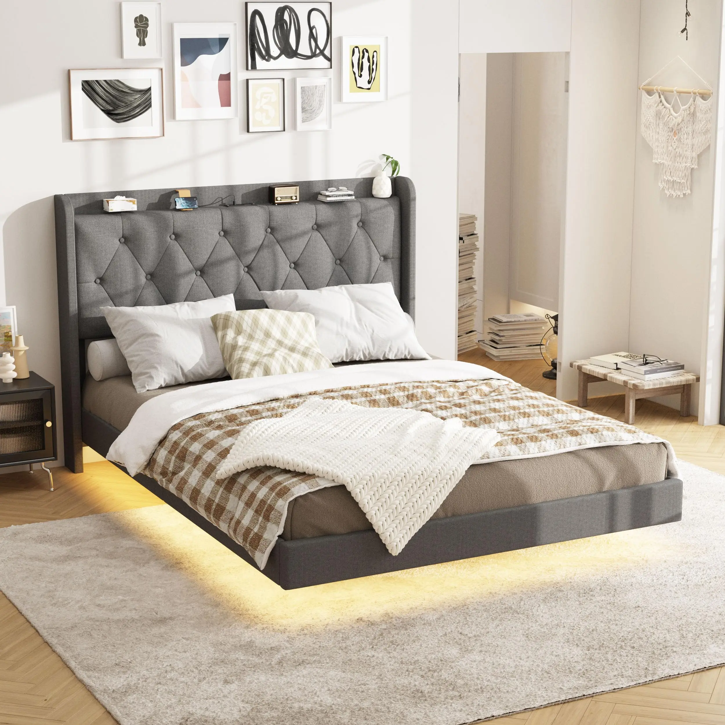 Vabches Drijvend Queen Bed Frame met Opslag Headboard Linnen Gestoffeerd Platform Bed Frame met LED Light & Power Outlet