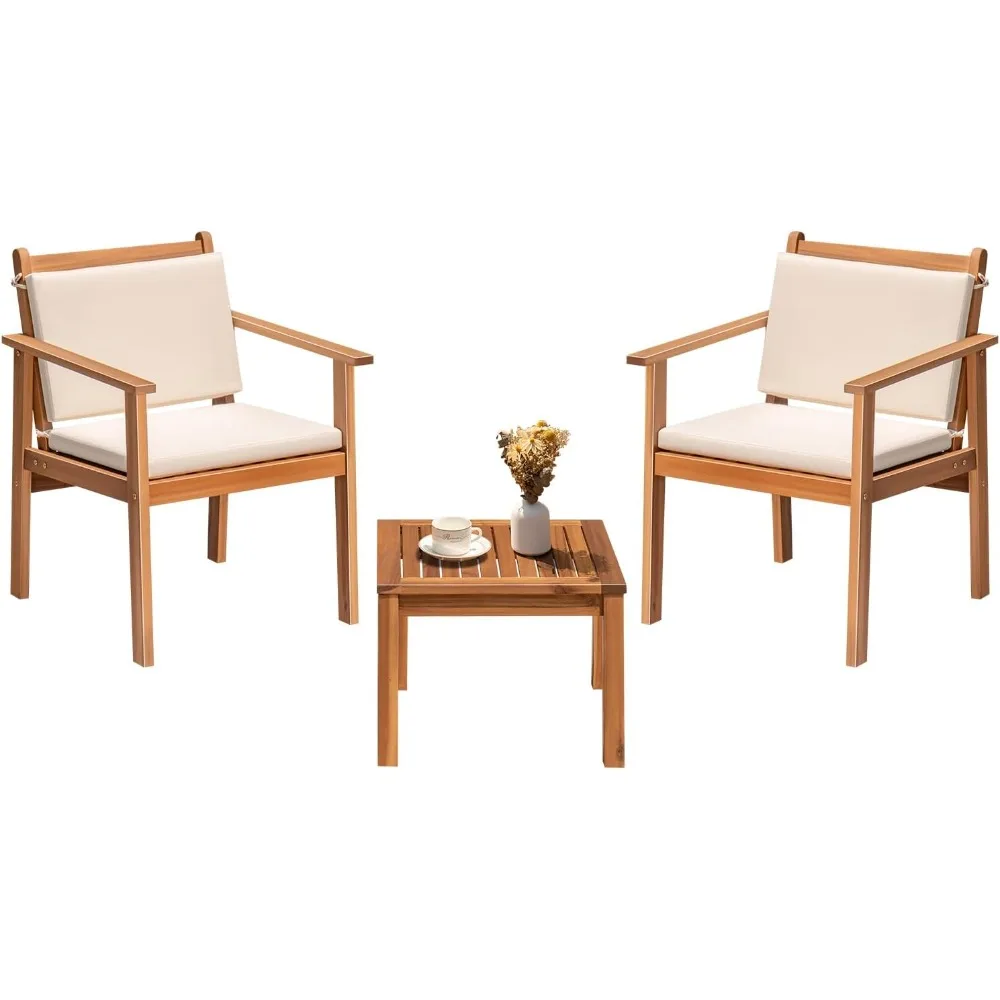 

Outdoor Patio Furniture, 3 Piece Bistro Sofa Set with 1 Coffee Table and 2 Chairs, Acacia Wood Conversation Sets with Cushions,