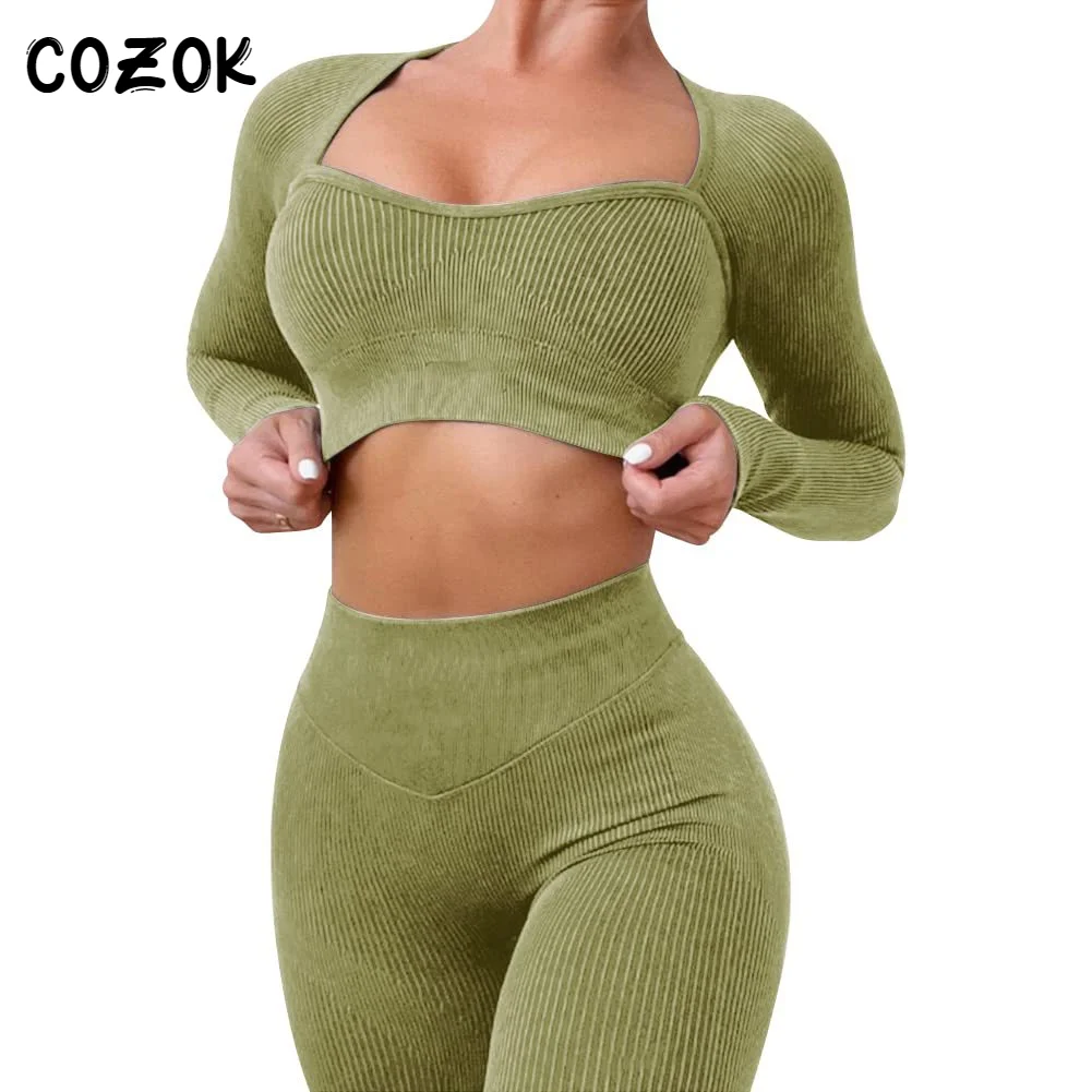 

COZOK Women Soft Compression Seamless Threaded Knit Dance Flare Pants and Bra Set New Solid Color Gym Fitness Yoga Set