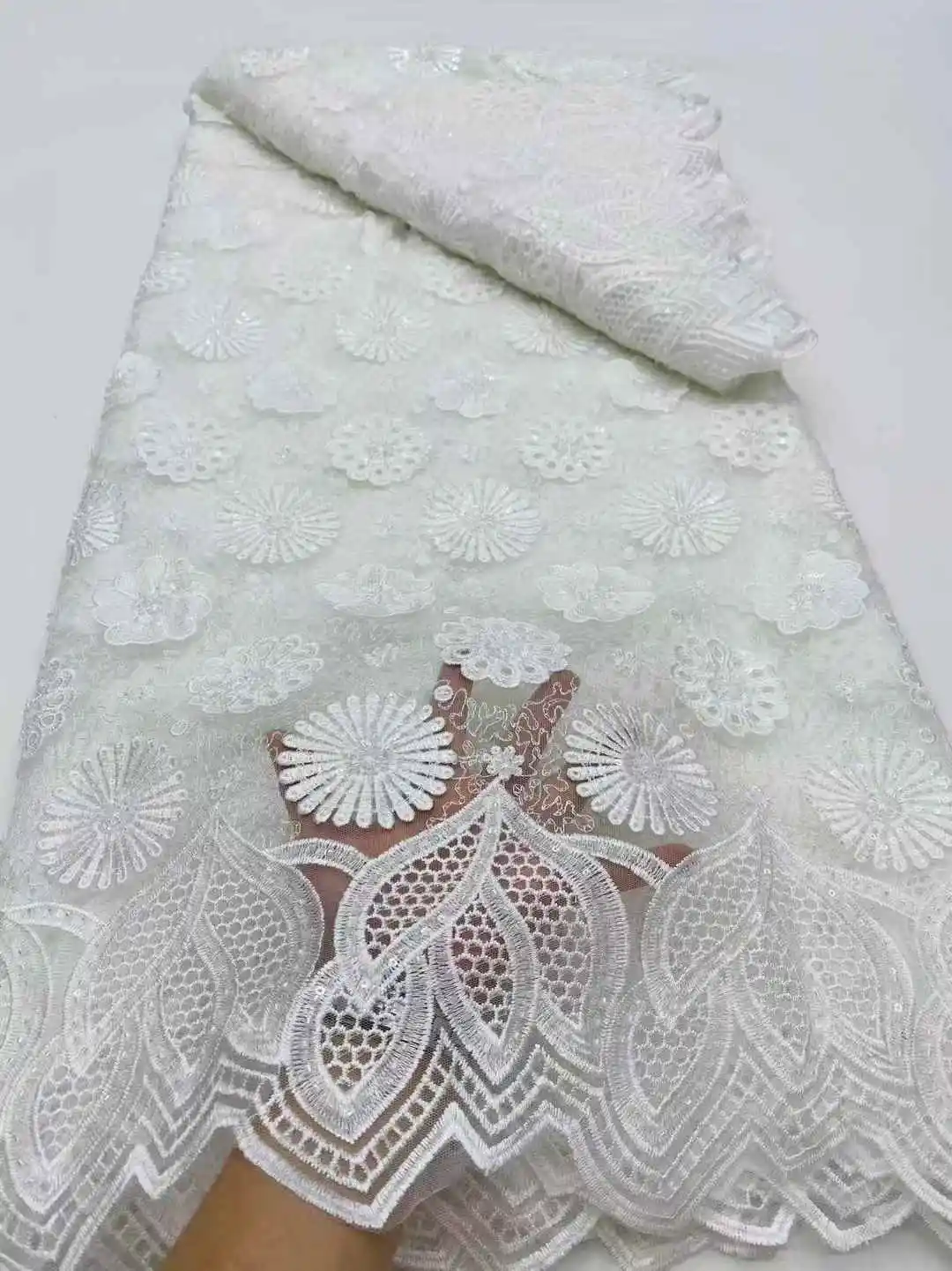 3D Flowers In Blue French Lace Fabric 2025 High Quality Lace Net African Lace Fabric With Sequins Beaded Lace Fabric For Wedding