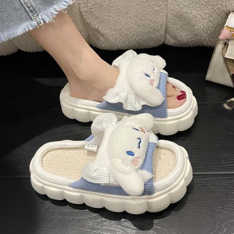 Sanrio Hello Kitty Cute Sweet Linen Home Women's Shoes Kulomi Cartoon Splicing Lace Non-Slip Lazy Platform Slippers