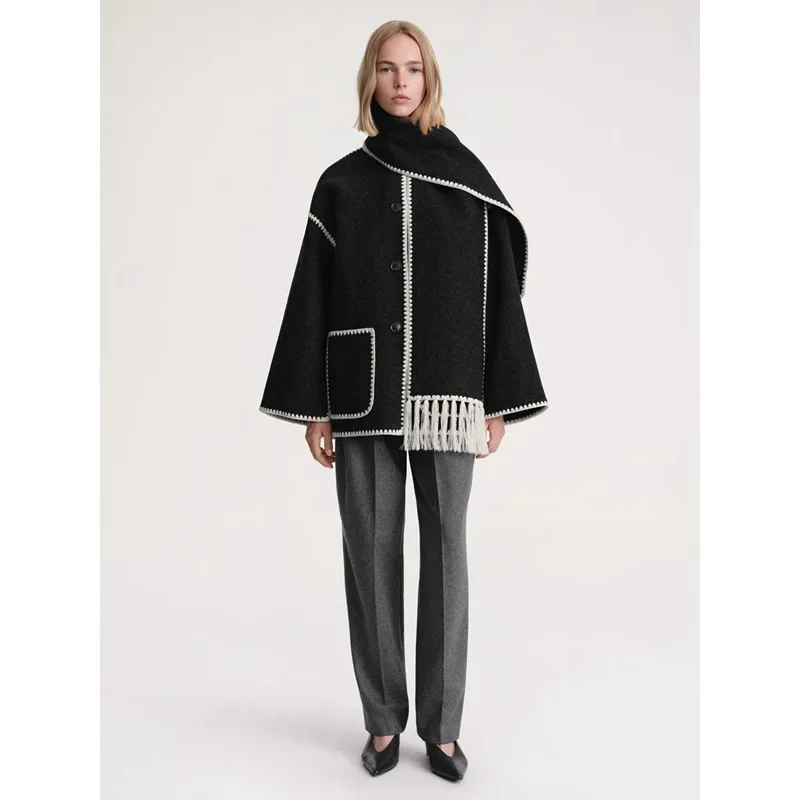 New wool blended coat women's 2023 autumn and winter fringed scarf collar loose woolen coat