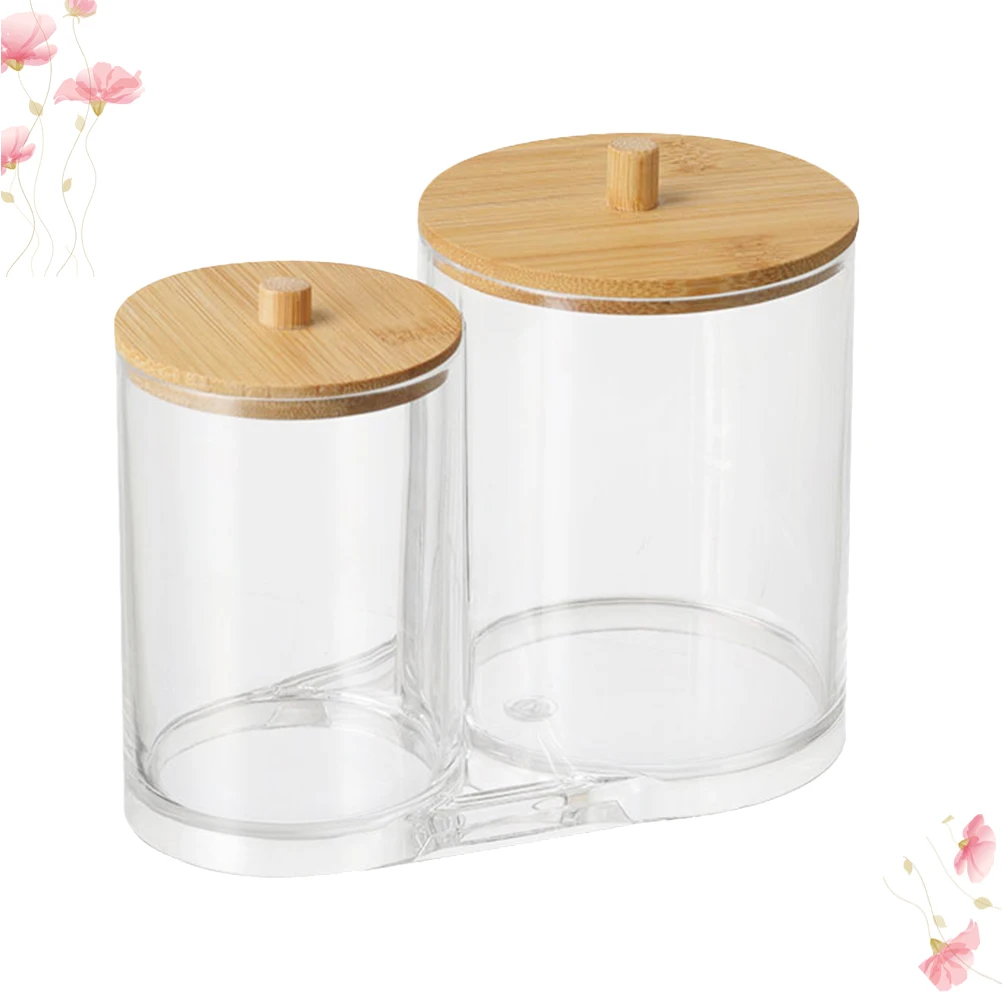 

1pc Clear Plastic Canister with Wood Lid for Cotton Swabs Lipsticks Eyeliner Pens Storage Containers Organize Desk Tidy