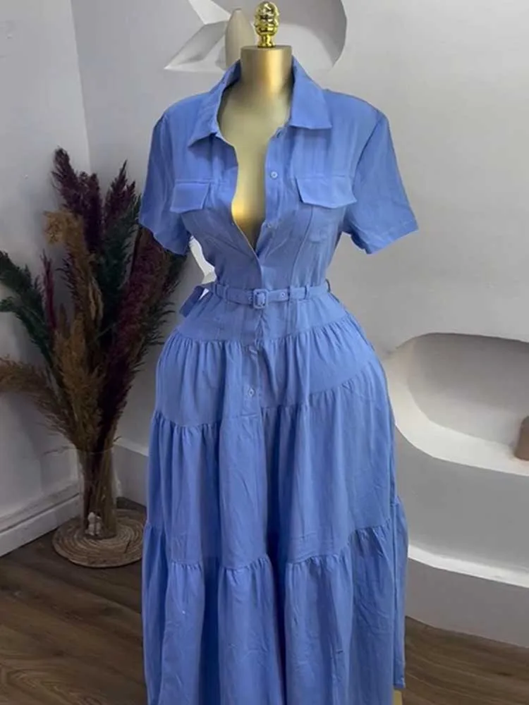 Kleid Hemd Knöpfe Frauen Einfarbig Casual Kurzarm Hohe Taille Langes Kleid EINE Linie Elegante Modest Französisch Kleid Gürtel