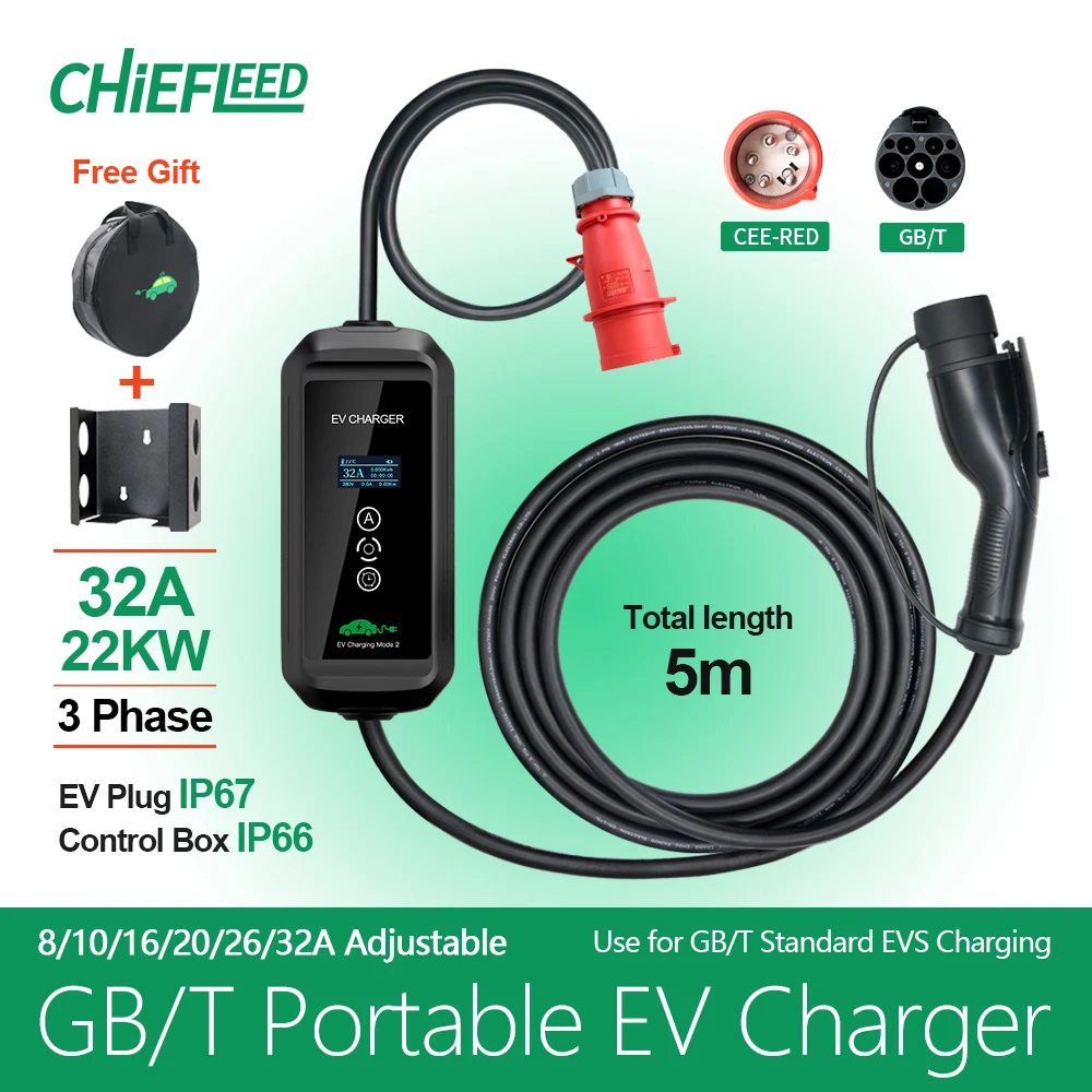 Chiefleed Trifase 22kw Auto Elettrica GBT Caricatore Portatile EVSE Scatola di Ricarica 16A 32A CEE Spina Caricatore Per Auto Elettrica Wallbox