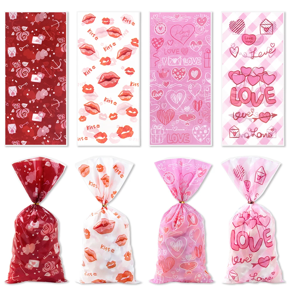 50 Stück Valentinstag Partybevorzugung Hochzeit Zellophan Kunststoff Süßigkeiten Geschenktüte Liebe Herz Lippendruck Geschenktüten Valentinstag Geschenk