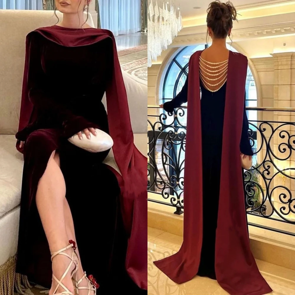 Exquisite Formal High collar A-line Beading Floor-Length Velour Bespoke Occasion Dresses Evening 