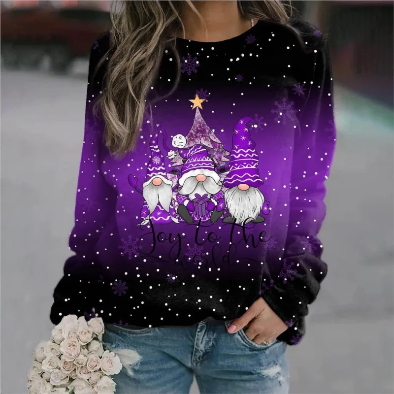 Women 2024 T Shirts New Christmas Print Vintage And Casual Loose Festival Dress Up Tee Long Sleeve O-neck Female's Pullover Tops