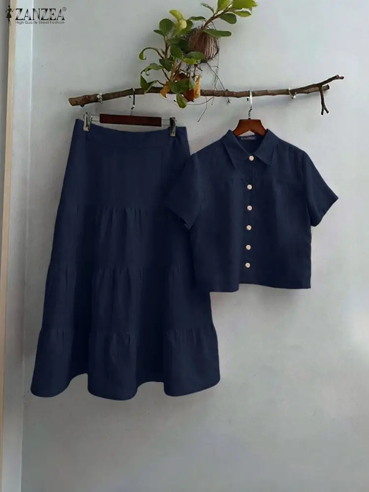 Zanzea casual 2 peças conjuntos de saia para mulher 2025 verão cor sólida manga curta camisas e saias midi linha a 2 peças ternos