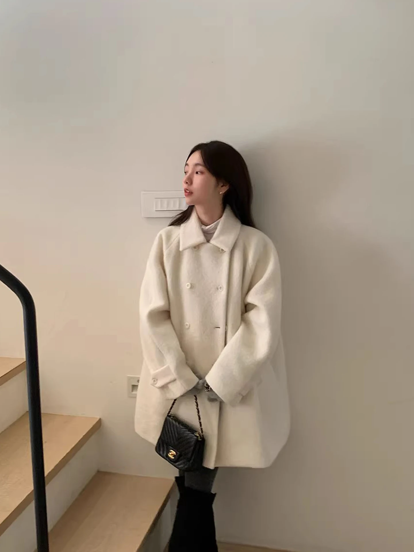 Ele Double-Breasted Thiened Woolen Coat Women's Autumn Winter Loose Versatile Warm Woolen Cloak French Sle Long Sve