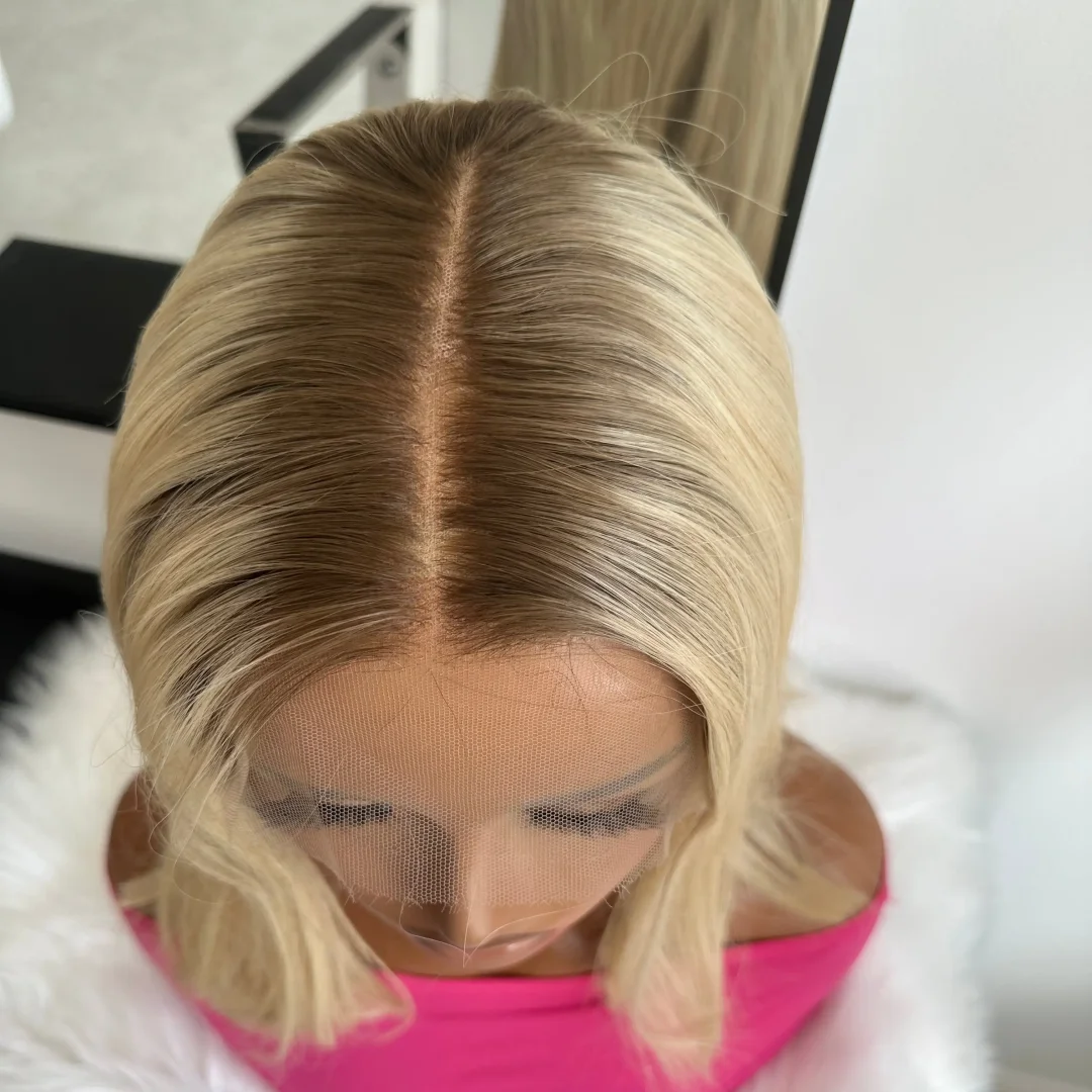 Soft Ombre Blond Straight Hair 150 density and 13×4 100%human hair wig lace front wig, with baby hair pre plucked and f view 4