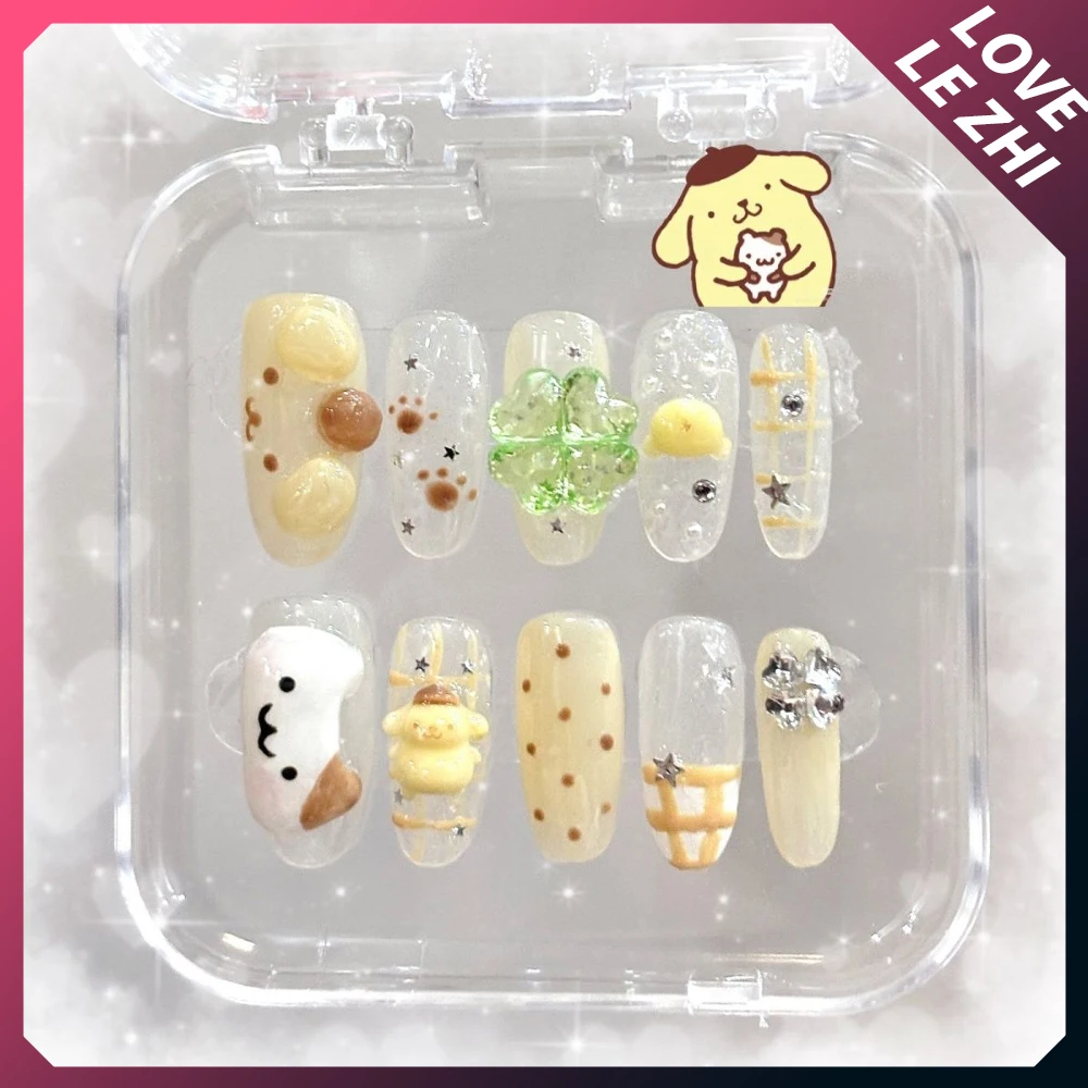 

Kawaii Anime Pom Pom Purin Handmade Long Coffin Ellipse Fake Nails Shining Star Diamond Bowknot Wings Chain Press On Nails