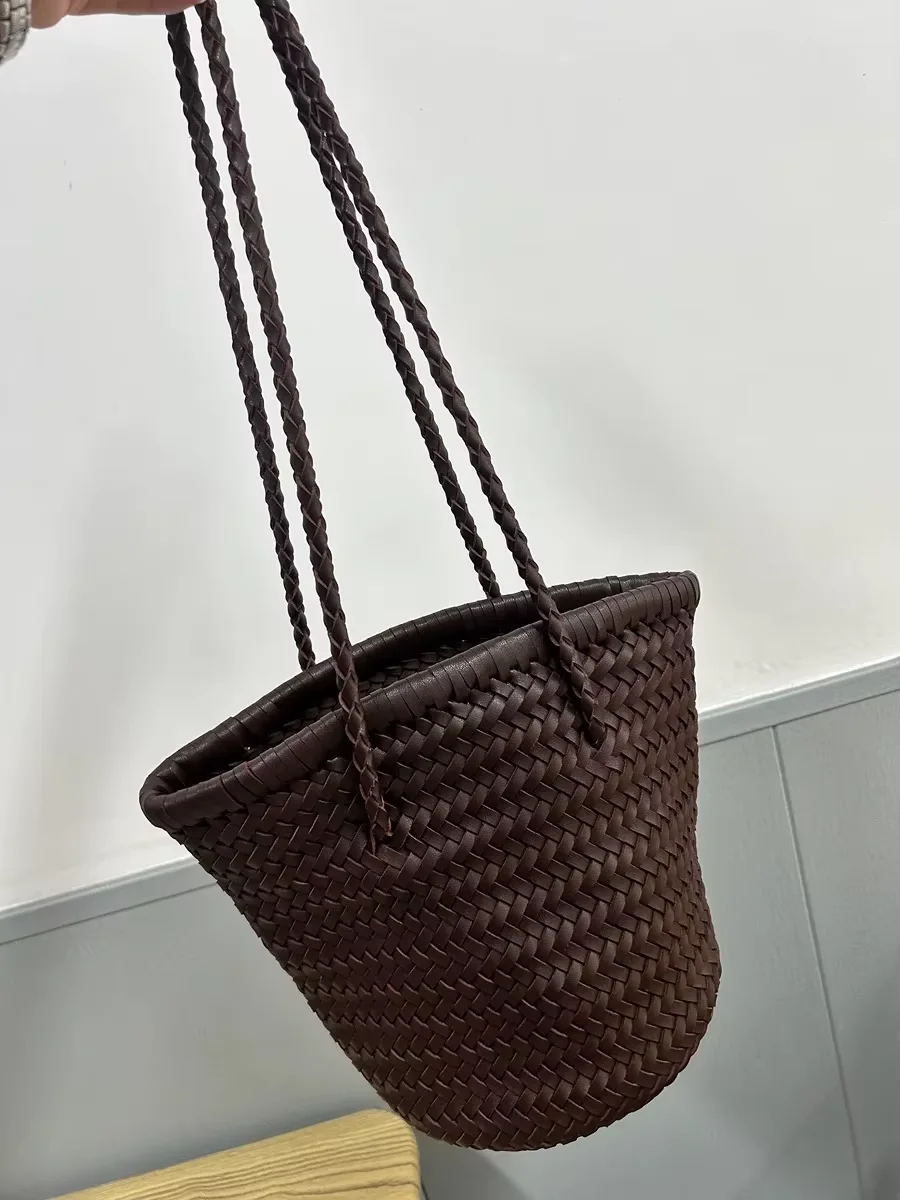 2024 Brown Woven Shoulder Bag for Women, Retro Handwoven Drawstring Shoulder Shopper Purse, Beach Handbag, PU Leather Vegetable