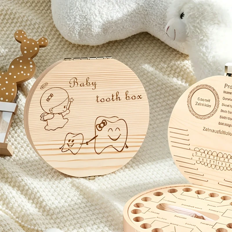 1PCS 2D Wooden Tooth Keepsake Box Tooth Commemorative Storage Teeth Fetal Hair Wooden Tooth Preservation Box Birthday Gift