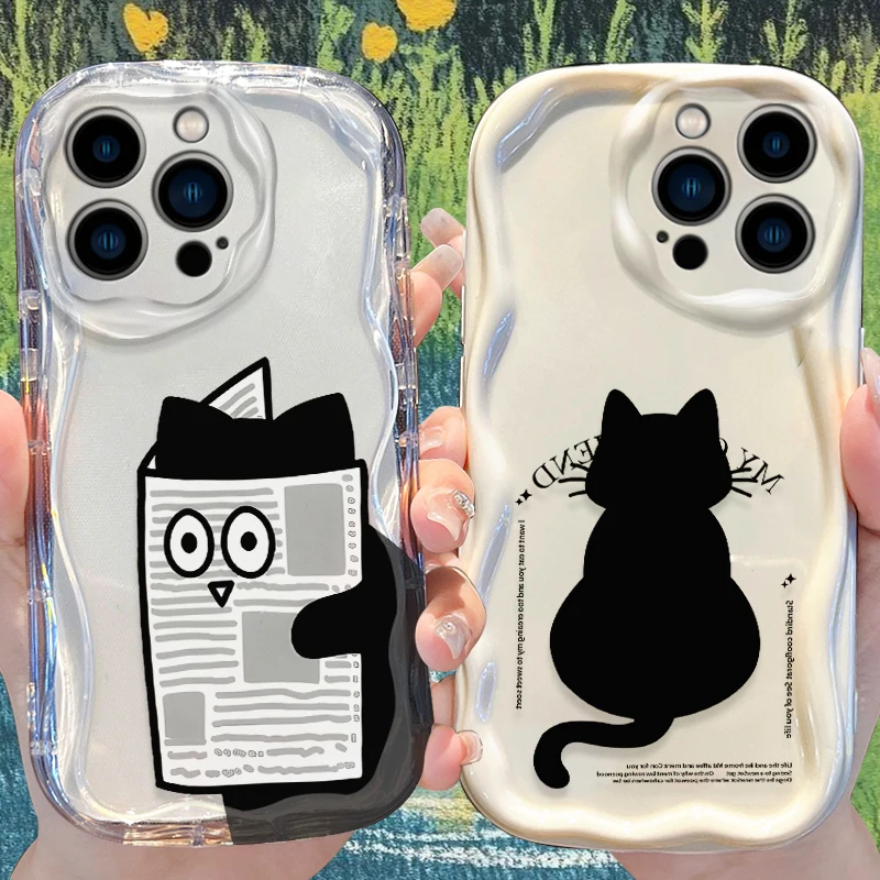

Black Cat Wave Case for iPhone 16 E 15 Pro Max 14 13 12 Mini 11 Pro Max XS X 8 7 Plus Liquid Silicone Shockproof Covers Funda