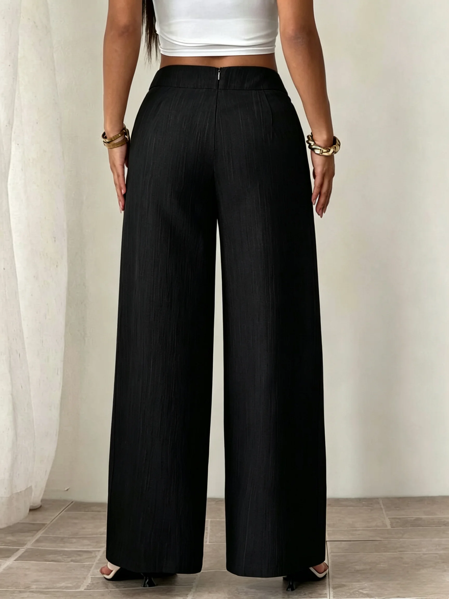 Damenhose mit hohem Bund, strukturiert, weites Bein, elastischem Bund, locker geschnitten, lässige Hose – Detail 4