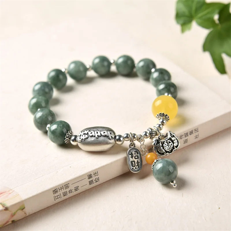 Chinese Style Blue and Flower Jade A Goods Single Circle Bracelet Female S925 Silver Money More Luckful Lock Ruyi Accessories