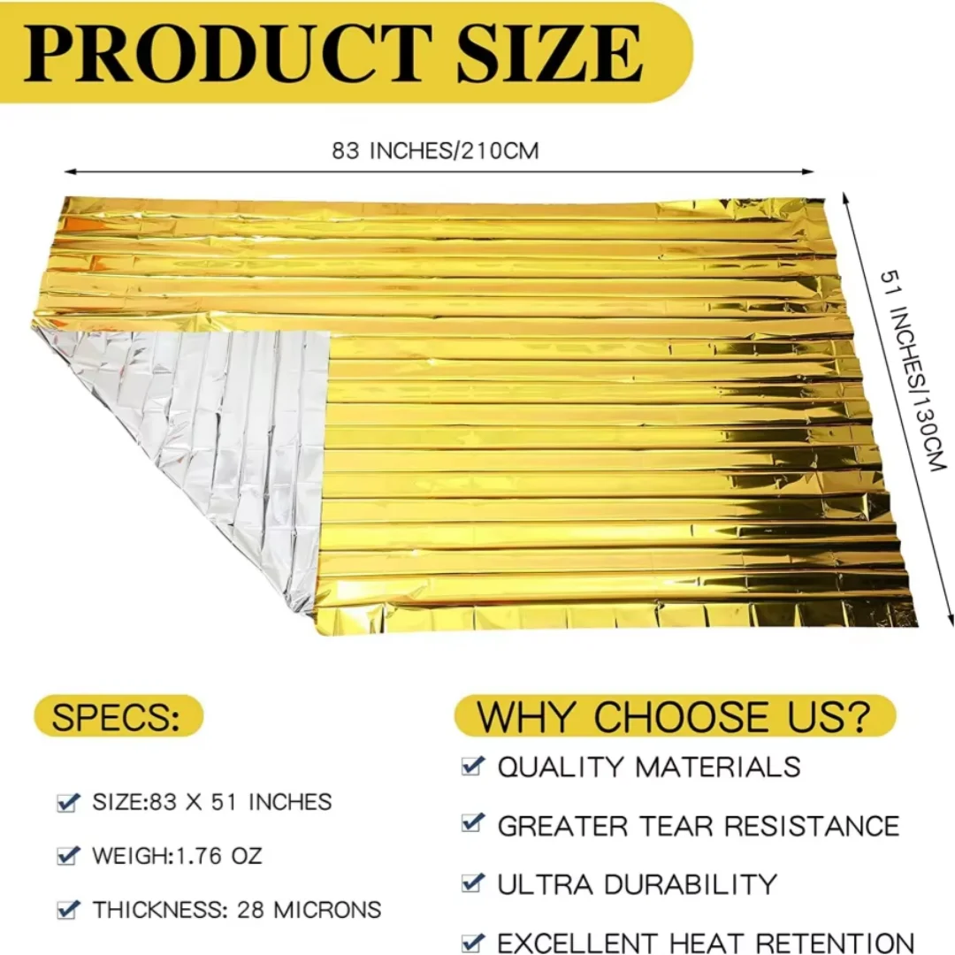 

Gold Emergency Thermal Blanket 130x210cm, Compact & Lightweight for First Aid, Outdoor Survival & Safety Kit