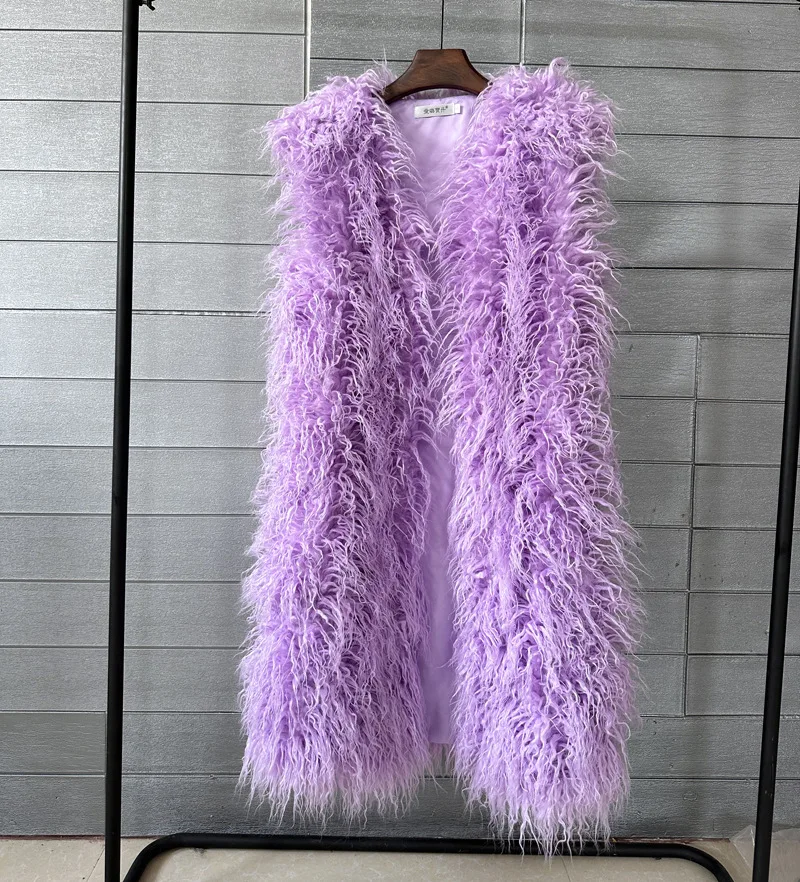 Winer Women Warm Faux Fur Plush Coats Mongolia Sheep Fur Women Long Vest Female Jacket Autumn Furry Sleeveless Outerwear 2024