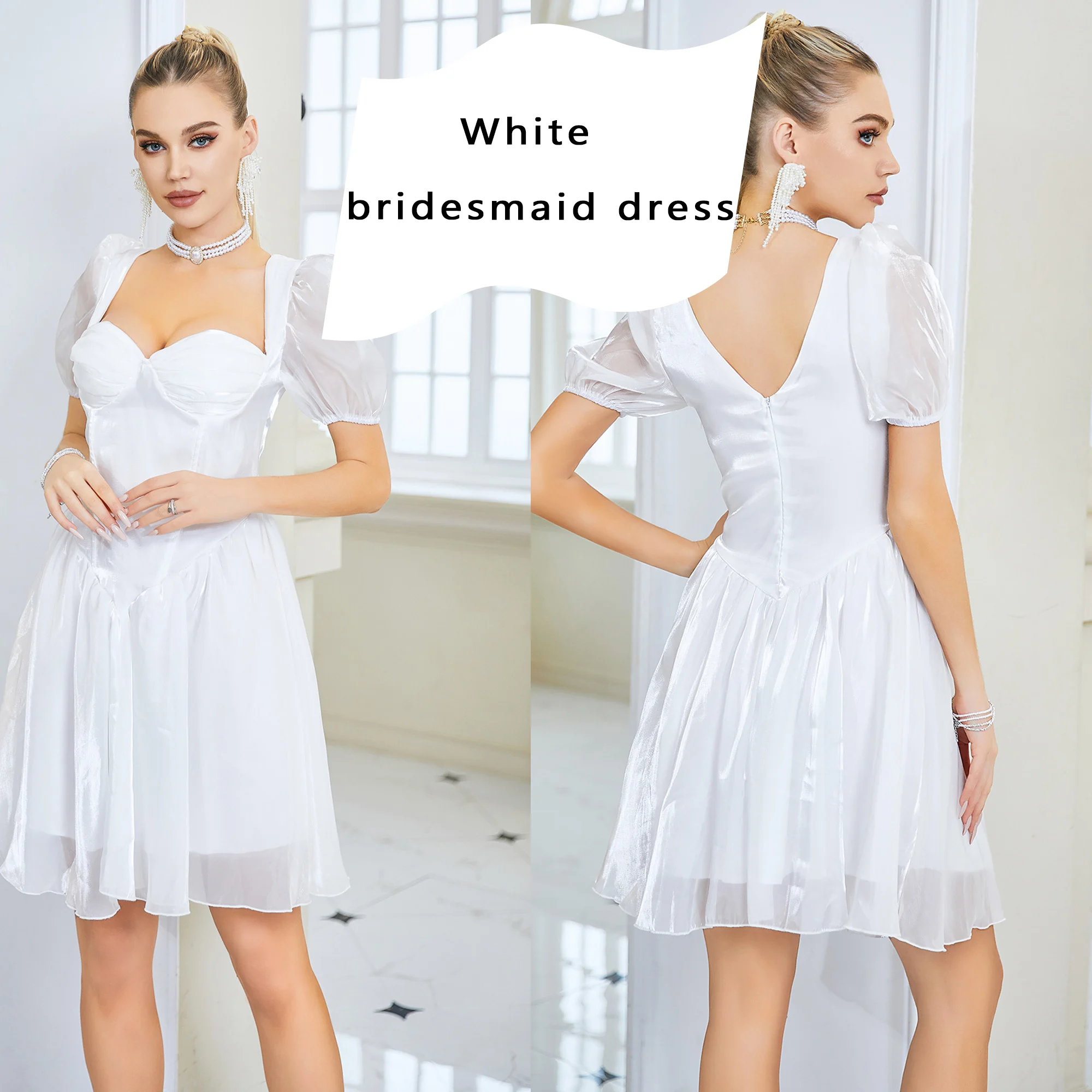 

Spring/Summer Women's Short sleeved Sweetheart Collar Bridesmaid Dress Solid Color Splicing Mini A-line Ball Dress 2024