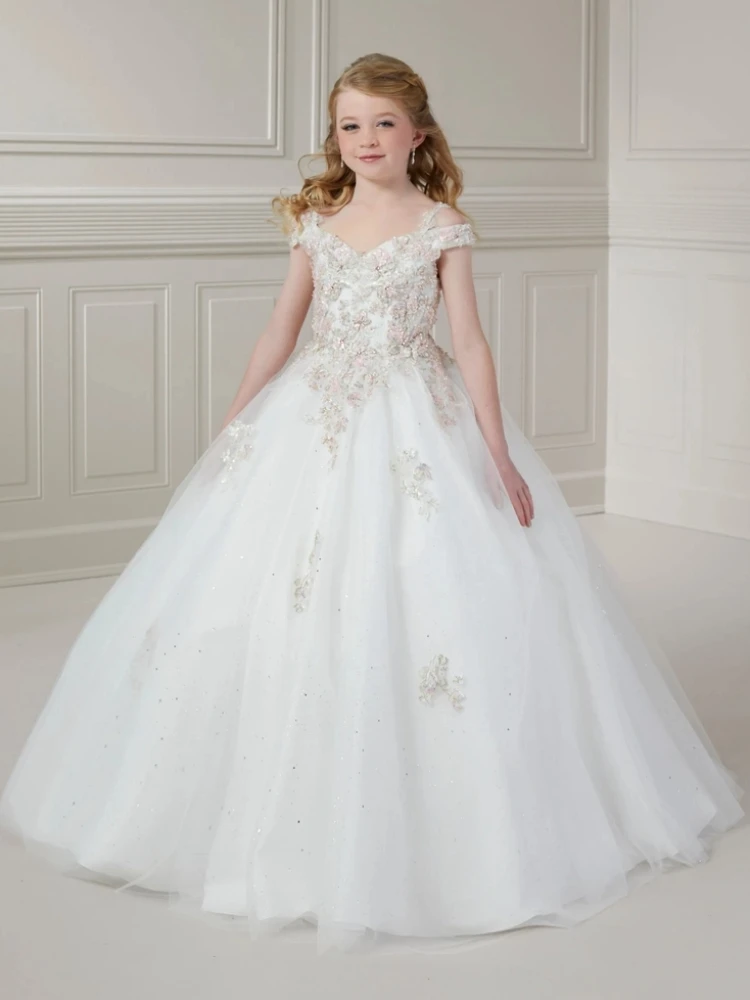 White Flower Girl Dresses Tulle Gold Flory Pattern Sleeveless For Wedding Birthday Party Holy Communion Gowns