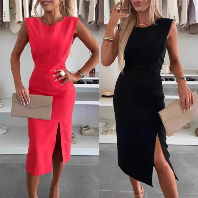 

Elegant Sleeveless Round Neck Midi Skirt Chic Solid Color High Waisted Slit Dress Summer New Fashion Women's Commuting Dresses