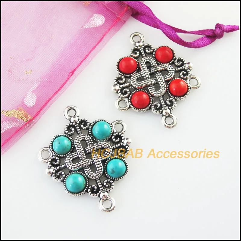 Fashion 4Pcs Retro Tibetan Silver Tone Chinese Knot Blue&Red Stone Charms Connectors 30x37mm