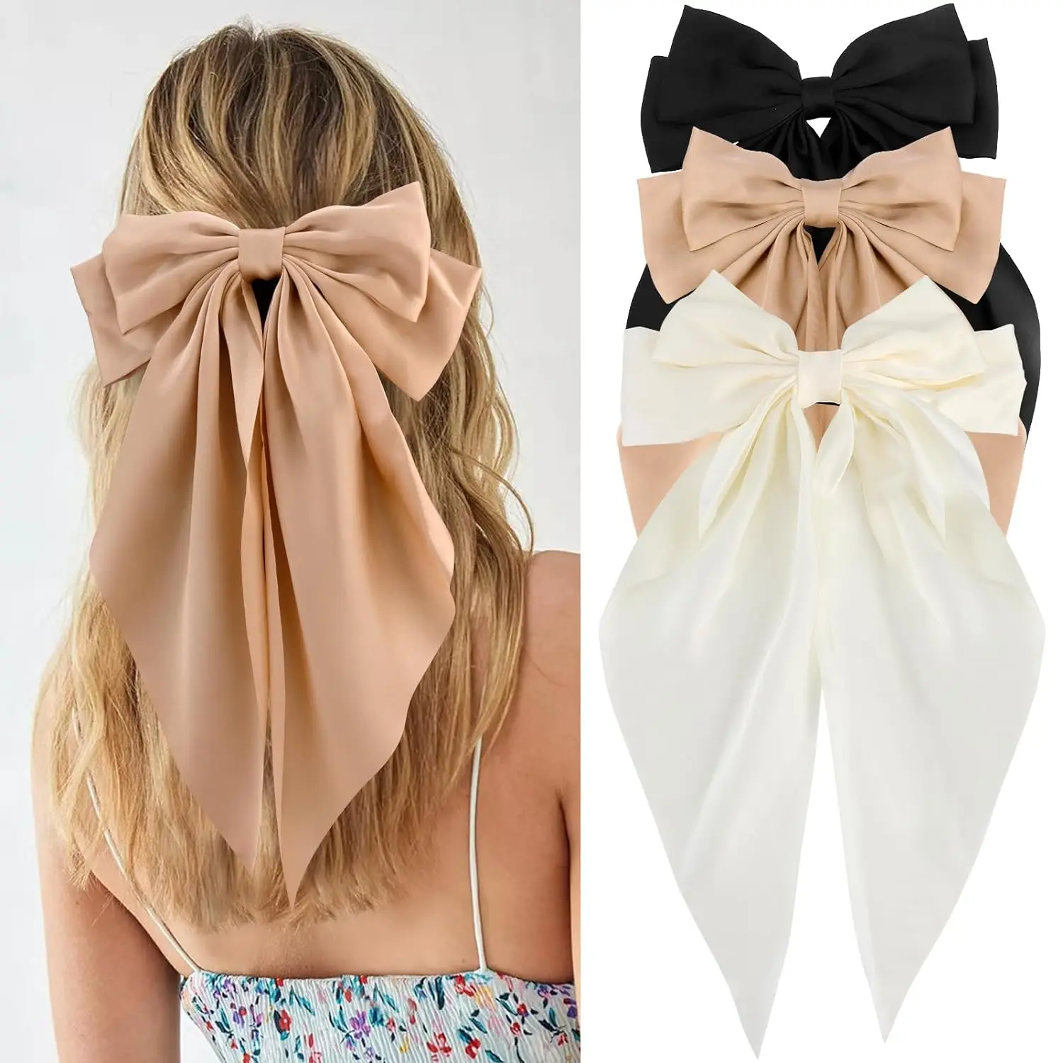 3Pcs Large Elegant Ribbon Bow Hair Clip for Women Simple Solid Color Satin Ponytail Bowknot Hairpins Barrettes Hair Accessories