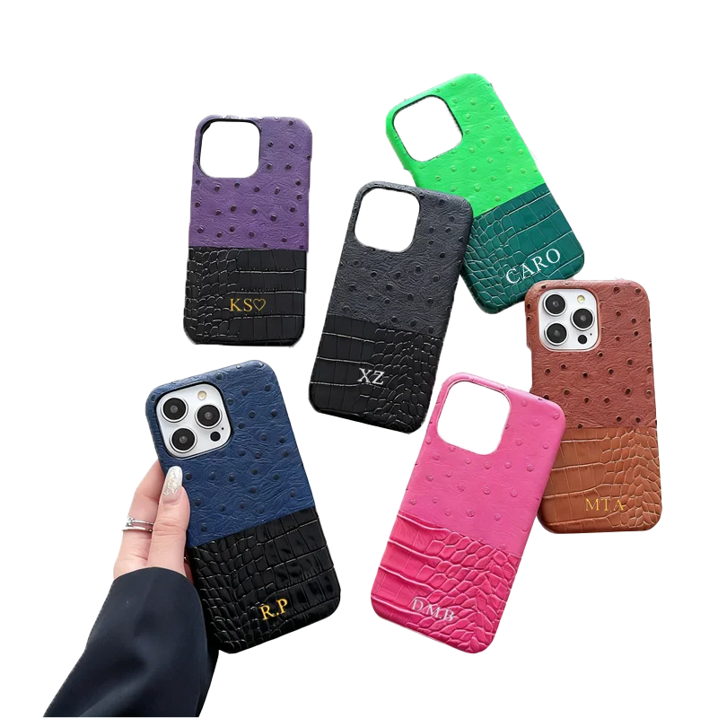 Personalizowane etui ze skóry ekologicznej PU z inicjałem, w kolorze złotym lub srebrnym, z motywem strusia lub krokodyla, do iPhone 14, 13, 16, 17, 18 Pro Max, 14, 15 Plus – luksusowe etui ze skóry.