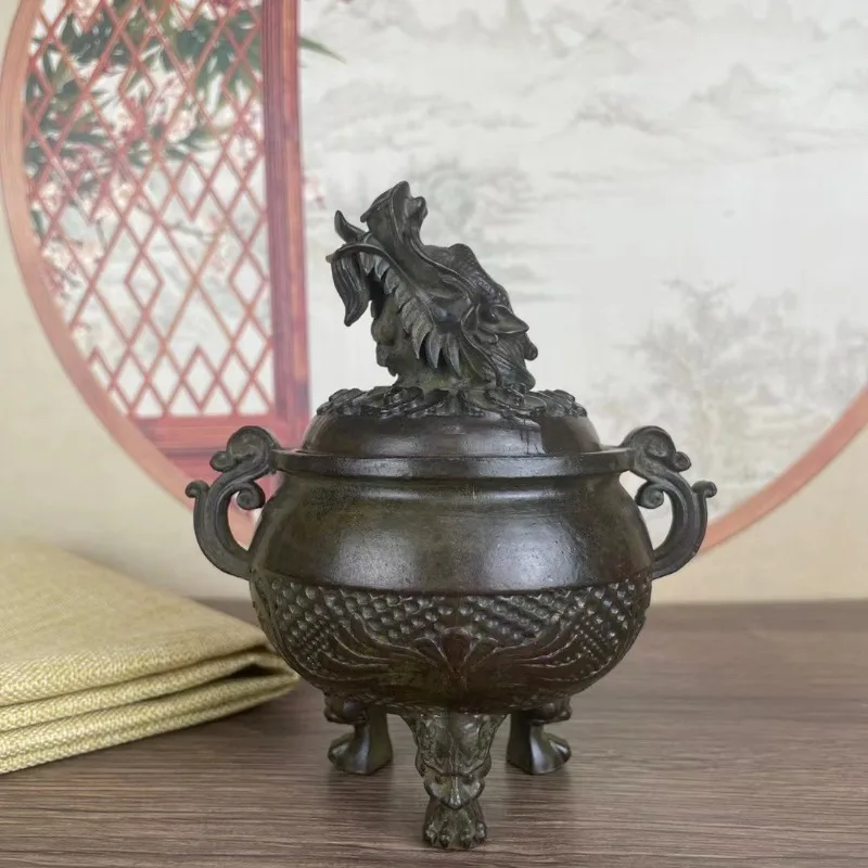 Antique Style Bronze Incense Burner Dragon Top Ornate Handle Three Foot Oriental Desktop Meditation Aroma Holder Decor