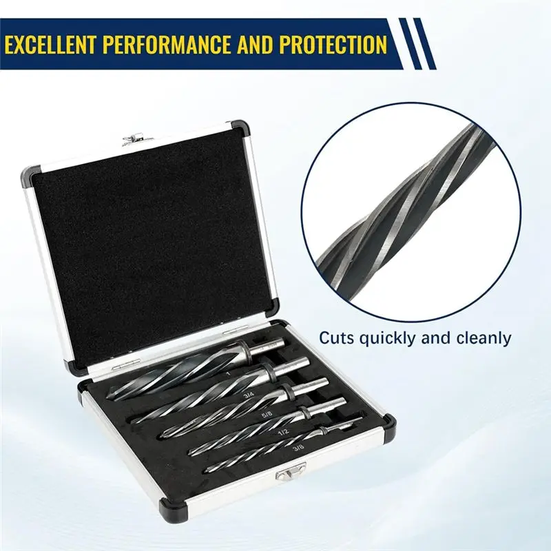 

VEHO-5 PCS M2 HSS Taper Chucking Reamer Set For Steel, Metal, Wood, Alloy, 1/2" 3-Flat Shank