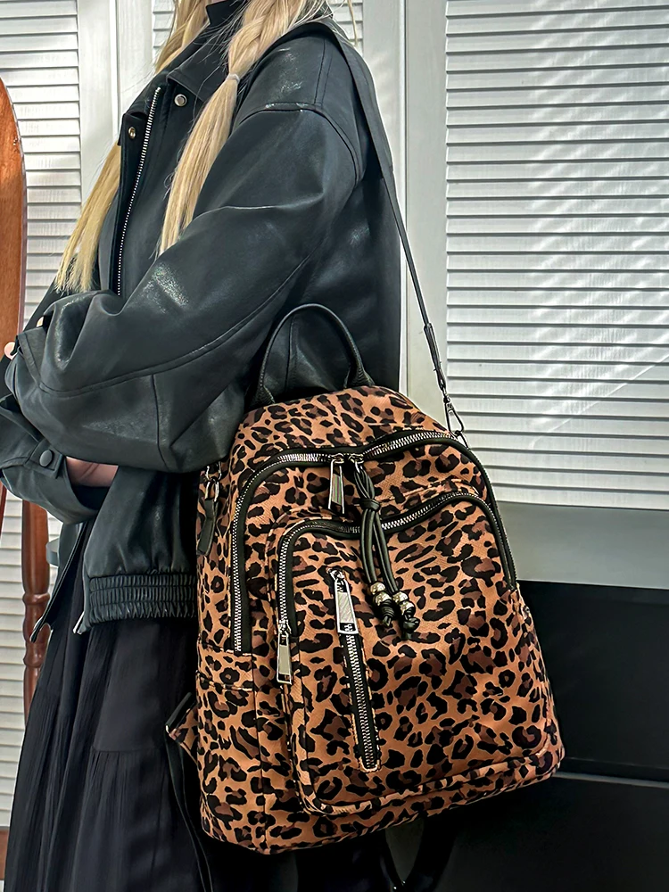Lightweight Women's Leopard Print Backpack Fashionable Travel Bag Dual Use Commuter Bag Water Resistant Shoulder Bag